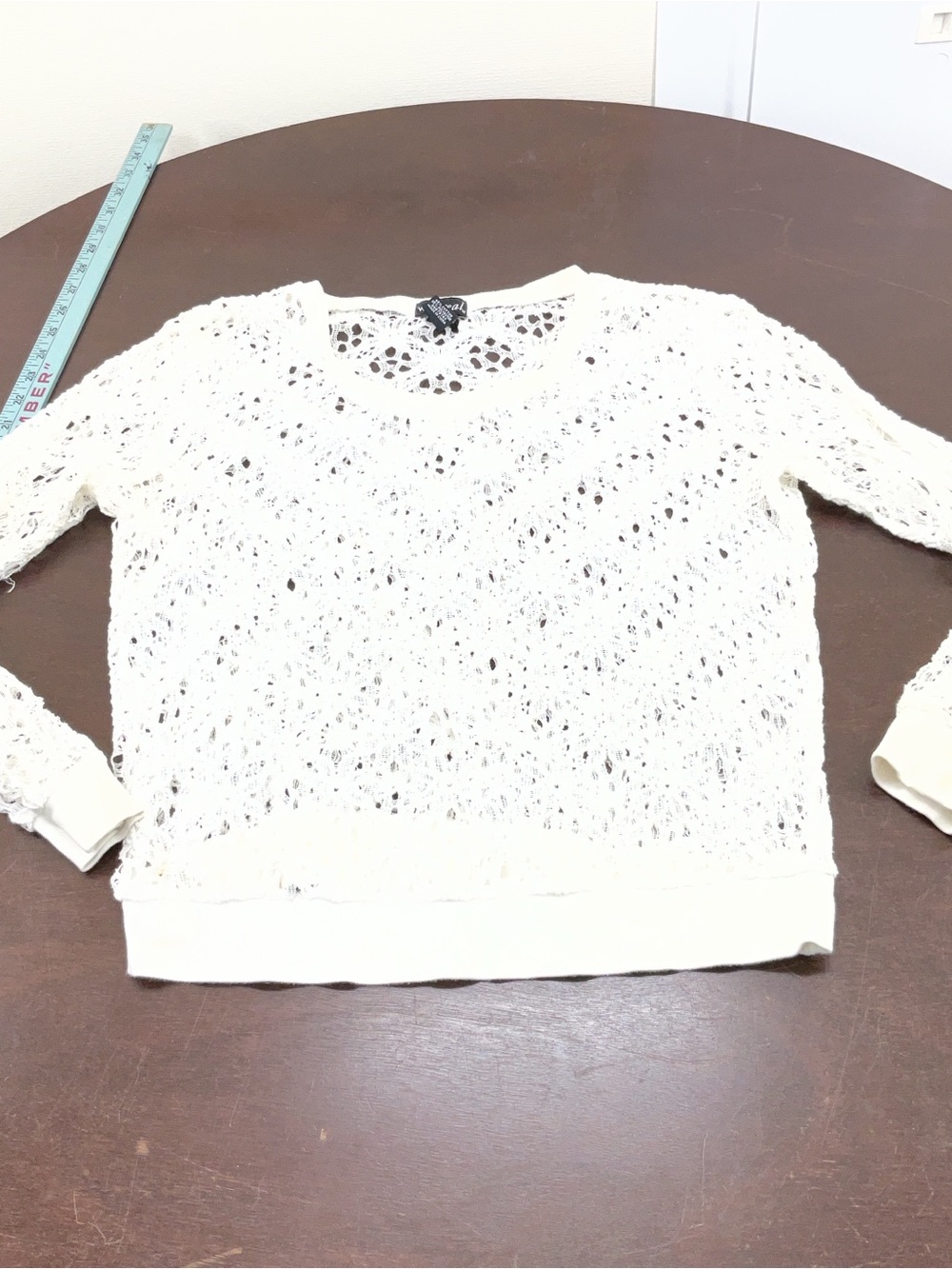 Wet Seal Cream Crochet Open-Stitch Crew Neck Sweater